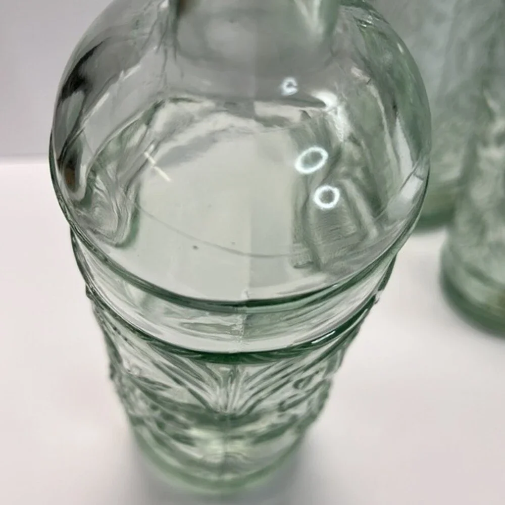 William Sonoma made in Spain Embossed Clear Green Glass Bottles set of 3